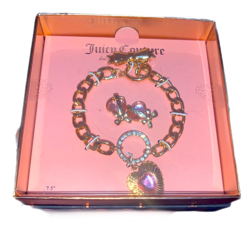 Juicy Couture Gold and Pink Heart Charm Bracelet and Earring Set